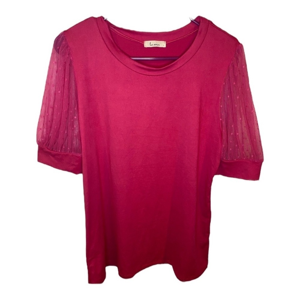 Hot pink blouse w/ lace polka dot sleeve detail